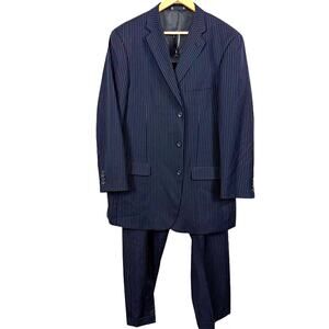 Bachrach Navy 3 Button 2 Piece Suit Jacket Pants Pinstriped Mens sz 46 Long